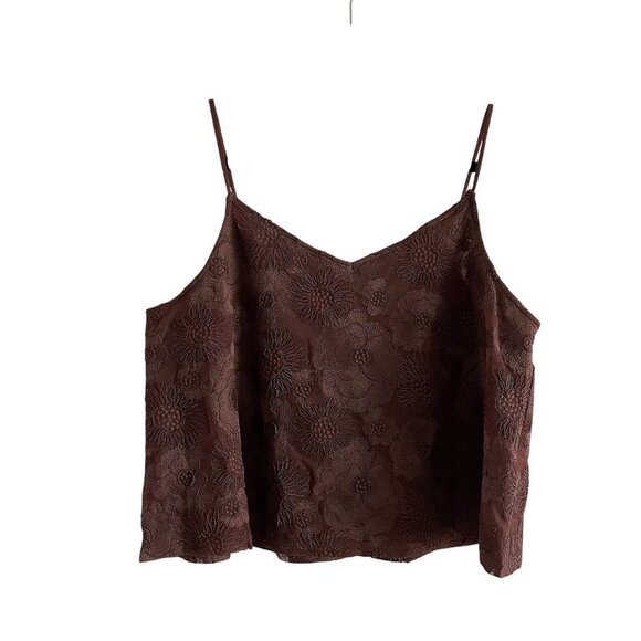 Express Women L Brown Flowy Embroidered Floral Mesh V-Neck Cami Top NWOT - Picture 2 of 7